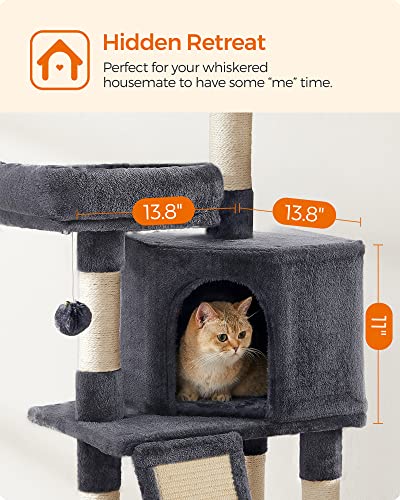 Feandrea Cat Tree, 45.3-Inch Cat Tower, Plush Condo with Scratching Post, Ramp, Perch, Spacious Cave, for Small Space, Smoky Gray UPCT141G01 - color: Smoky Gray