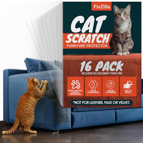 FixZilla Anti Cat Scratch Furniture Protector, 16-Pack Couch Protector from Cat Claws – Heavy-Duty, Easy-to-Apply Scratching Deterrent and Shield for Sofa Corners, Walls, Doors- with 80 Twist Pins - size: 16-Pack + 80 Pins