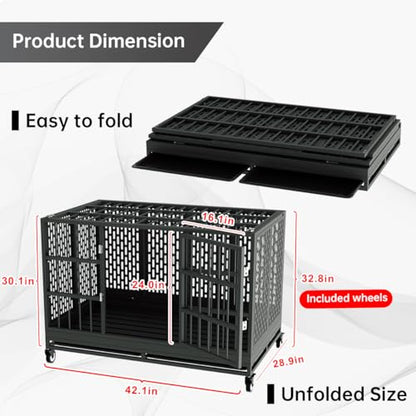 Snuowu 42 Inch Heavy Duty Dog Crate with Wheels, Folding Metal Big Dog Cage for Large and Medium Dogs, Extra Large XL XXL Indestructible Dog Crate with Removable Tray. - size: 42-Inch Black （Fold）