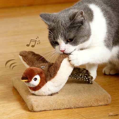 Flapping Bird Cat Toy, No Flying, Flapping & Chirping Wings Sparrow with Catnip, Rechargeable Touch Activated for Cats, Kitten or Small Dogs to Interact & Play