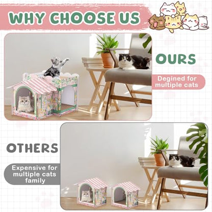 Lineshading 2 Story Cardboard Cat House with Scratcher Pad, Multi Level Durable Cat Scratcher House for Small Kitten Bunny Rabbit Animals Christmas Birthday Gift(17x12x10,Florist) - style: Florist