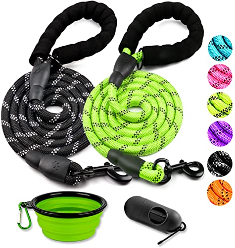 2 Pack Dog Leash 6 FT Heavy Duty - Comfortable Padded Handle - Reflective Dog Leash for Medium Large Dogs with Collapsible Pet Bowl Set 6-Black+Green - color: Set 6-Black+Green, size: 1/2"x 6 FT (18~120 lbs.)