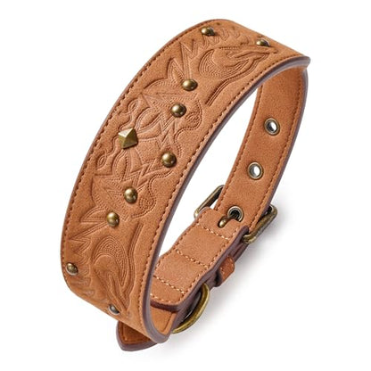 Blueberry Pet Premium Embossed Silver-Powered Freshness Microfiber Suede Leather Dog Collar in Saddle Brown - color: Saddle Brown, size: Large
