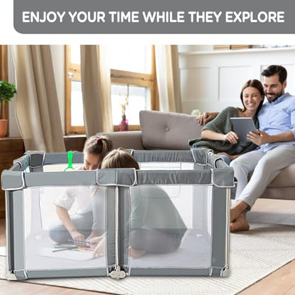 CAPAKIDS Foldable Baby Playpen 59"×71", Out-of-The-Box Ready Playpen for Babies and Toddlers, Portable Play Yard with Breathable Mesh & Gates, Storage Bag & 4 Handlers for Indoor & Outdoor - size: 59"x71"