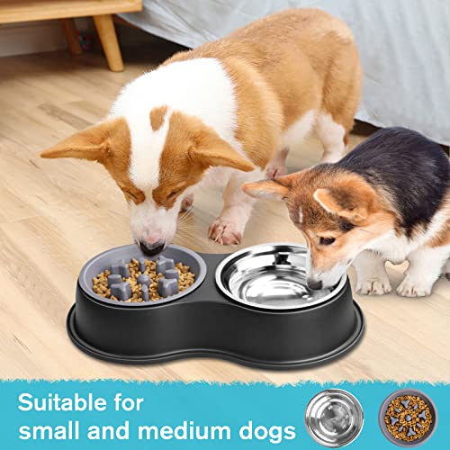 Epetslove Dog Bowls Double Dog Water and Food Bowls Stainless Steel Bowls with Non-Slip Resin Station, Pet Feeder Bowls for Puppy Medium Dogs Cats - color: 2. Slow Feeder, size: Medium-18oz