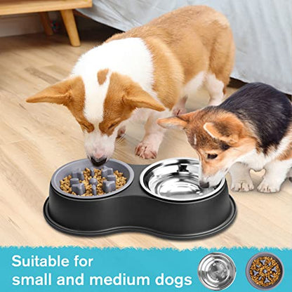 Epetslove Dog Bowls Double Dog Water and Food Bowls Stainless Steel Bowls with Non-Slip Resin Station, Pet Feeder Bowls for Puppy Medium Dogs Cats - color: 2. Slow Feeder, size: Medium-18oz