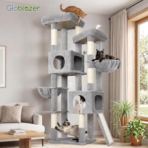 Globlazer 72in Heavy Duty Cat Tree Tower for Large Adult Cats, Multi-Level Cat Condo Stand with 2 Cozy Baskets & 6 Sisal Scratching Posts, S72E, Light Grey - color: Light Grey