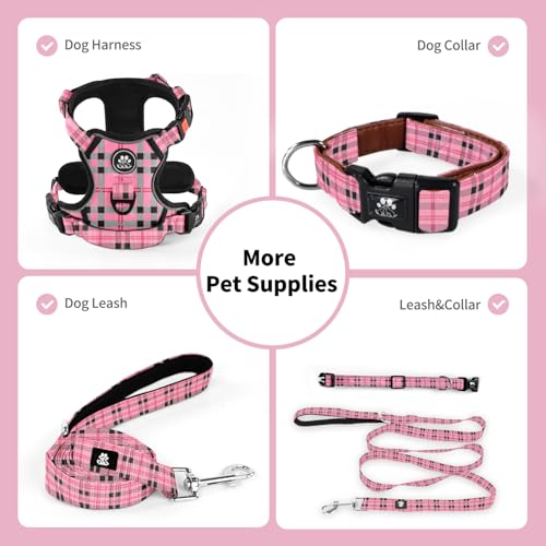 Dog Collar and Leash Set,Soft Neoprene Pet Collar with Quick Release Buckle,Adjustable Nylon Dog Collars for Small Medium Large Dogs(Small,Cherecked Pink) - color: Checkered Pink, size: Small