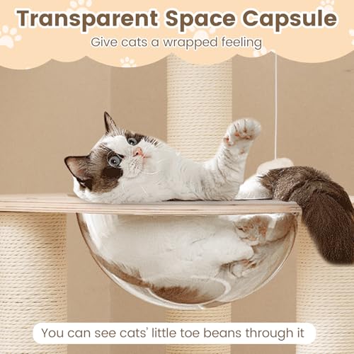 PETSITE 52 Inches Wooden Cat Tree, Multi-Level Modern Cat Tower with Scratching Posts, Space Capsule, Condo, Interactive Hanging Ball, and Top Perch with Removable and Washable Cushions