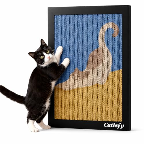 Wall Art Cat Scratcher, Decorative Vertical Cat Scratching Board, 17x12 Framed Cardboard Scratch Pad with Renter-Friendly No-Drill Wall Mount, Indoor Cat Toy & Furniture Protector(Stretching Kitty) 1 - color: Blue & Yellow