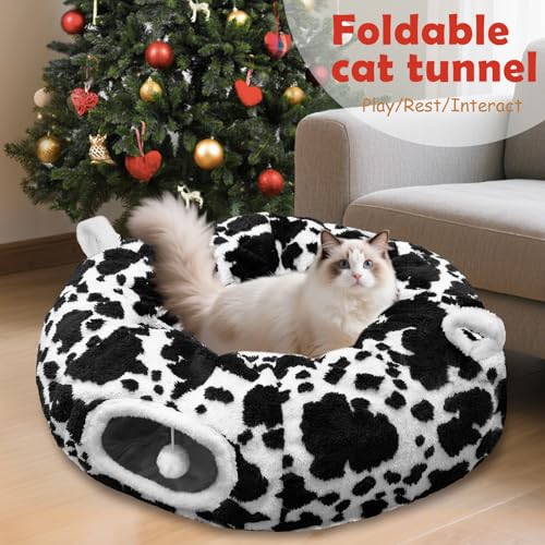 Cat Tunnel Bed for Indoor Cats, Soft Plush Donut Peekaboo Cat Cave, Multifunctional Playground Toy for Small Medium Large Cats, Kittens, Rabbits, Ferrets, with Washable Cushion (Black&White) - color: Black&White