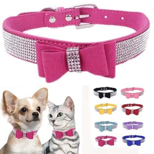 Rhinestone Dog Collar, Cute Dazzling Sparkling Soft Suede Leather Adjustable Pet Dog Cat Collar Crystal Diamond for Puppy Small Medium Large Dogs (XS:21-26cm, Hot Pink-1) - color: Hot Pink-1, size: XS:21 - 26cm
