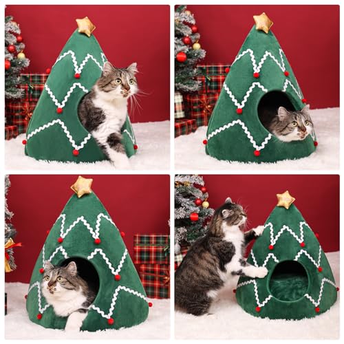 NIBESSER Cat Bed Christmas Tree Cat Tent House Self-Warming 2 in 1 Removable Comfortable Triangle Pet Teepee Xmas Dog Cave in Winter(Green/White)