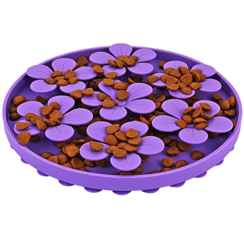 Slow Feeder,Cat Help Slow Down Eating Speed Cut Flower Silicone Rubber Cute Slow Feeder for Puppy/Cat/Dog - color: Purple