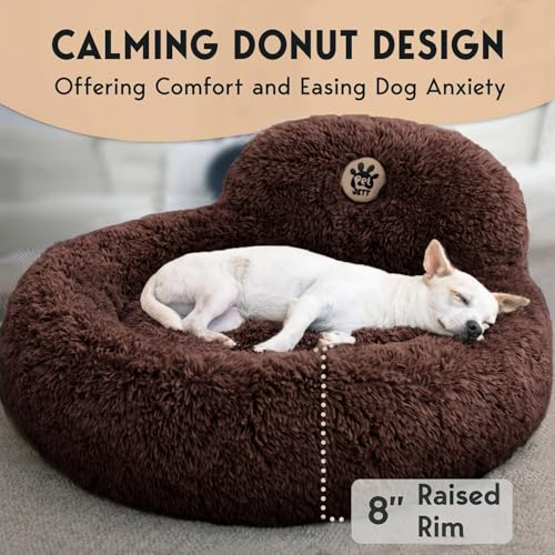 PetJett Calming Dog Bed Medium Size Dog - 30'' Donut Bed, Anti-Slip & Washable Super Soft Fluffy Plush Round Bed, Anti-Anxiety Premium Comfort Pet Bed, Fits Dogs up to 45 lbs - Brown - color: Brown, size: Medium - 30”L x 30”W x 8”Th