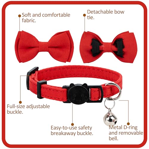 Cat Collar with Bow Tie 2pcs Set Bell Boy Girl Kitten Safety Plaid Grid Checkered Solid Color Suede Velvet Cute Soft Gift [2pcs] Red - color: Style A-[2pcs] Red