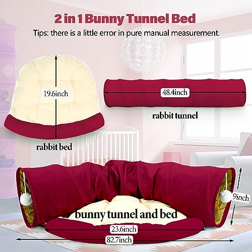 BWOGUE Bunny Tunnel Bed, 2-in-1 Collapsible Tunnel Tubes Toys with Removable Mat Hideout for Cats Kittens Rabbits Guinea Pigs Kitty - color: Red