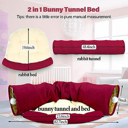 BWOGUE Bunny Tunnel Bed, 2-in-1 Collapsible Tunnel Tubes Toys with Removable Mat Hideout for Cats Kittens Rabbits Guinea Pigs Kitty - color: Red