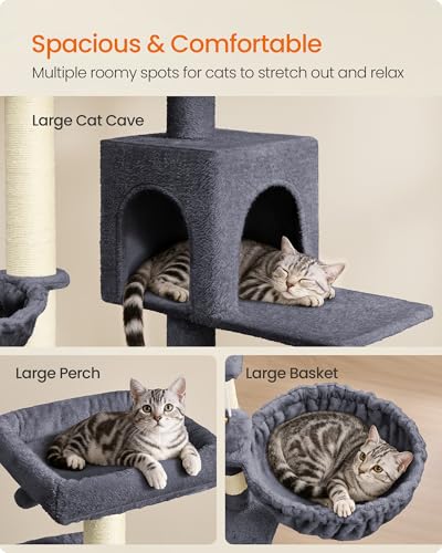 Feandrea Cat Tree, 68.5-Inch Tall Cat Tower, Multi-Level Plush Condo with Large Perch, Scratching Posts, Double Caves, Dark Gray UPCT006G02 - color: Dark Gray