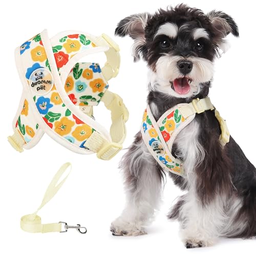 Dog Harness with Leash Set Adjustable Soft Padded Step-in Dog Vest No Choke No Pull Reflective for Small Pets with Poop Bags and Dispenser, Solid and No-chew, Floral Yellow XS - color: Floral Yellow, size: XS (Neck 16-19.1'' Chest 18.8-21.5'')