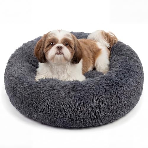 Calming Donut Dogs Beds for Small Dogs Washable,23inch Plush Round Pet Bed for Cozy Sleep,Fluffy Faux Fur Large Cat Bed,Fits up to 25 lbs Pets,Dark Grey - color: Dark grey, size: 23 inches