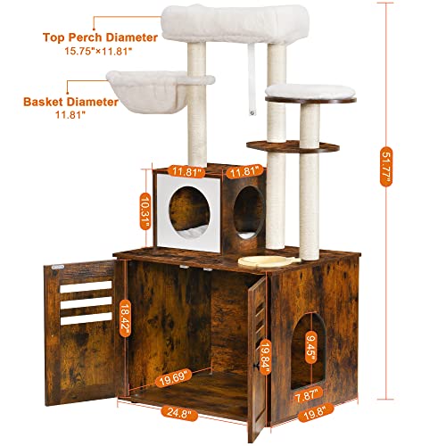 Heybly Cat Tree, Wood Litter Box Enclosure with Food Station, All-in-one Indoor Cat Furniture with Large Platform and Condo, Modern Style Cat Tower, Hammock, Rustic Brown HCT100SR