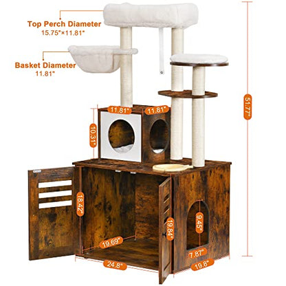 Heybly Cat Tree, Wood Litter Box Enclosure with Food Station, All-in-one Indoor Cat Furniture with Large Platform and Condo, Modern Style Cat Tower, Hammock, Rustic Brown HCT100SR