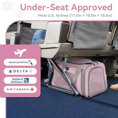 Airline Approved Cat Carrier 17.5×10.5×10.5 in, Escape-Proof Design with Locking Zippers & Safety Leash, Easy-Access 3-Way Entry, Washable Mat, Gift-Ready Holiday Choice for Cats up to 12 lb - color: Pink, size: Medium