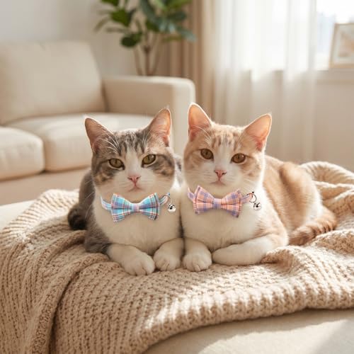 Ngdhkd 6 Pcs Cat Collar Breakaway with Bow Tie and Bell Kitten Collars Removable Bowtie Plaid Cat Collar for Cats Kittens Puppy (Sweet) - style: Sweet