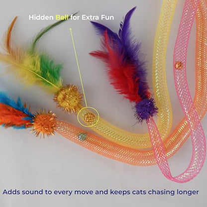 Cat Wand Toy 3 Pack for Cats and Kittens, Feather Wand Cat Teaser with Mesh Tube, Bell and Pom Pom, Interactive Fishing Pole Toy for Indoor Cats