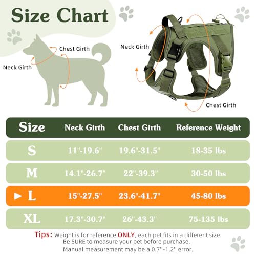 VavoPaw Heavy Duty Tactical Dog Harness for Large Dogs, No Pull Adjustable Pet Harness Reflective Service Training Easy Control Pet Vest Military K9 Working Dog Harnesses, Army Green, L