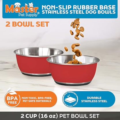 Master Pet Supply Stainless Steel Dog Bowls Set of 2 (16 Oz Each) with Non-Slip Rubber Base - Crimson Flame - Basic Dog Food Bowl Water & Food Bowls for Small Medium Large Dogs & Cats, Metal Dish - color: Crimson Flame, size: 2 Cups (16 oz) 2 Pack