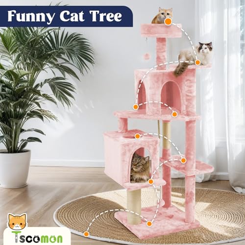 58.5inch Large Cat Tree Tower Condo for Indoor Cats, Soft Plush Multi-Level Climbing Tree Cat House with 1 360° Rotating Cat Cave, Scratching Post, More Entrance/Exit, Sisal Rope, Pink - color: Pink