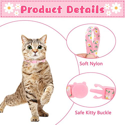 Breakaway Cat Collars with Bell & Cute Pendants, 3 Pack Safety Buckle Kitten Collars, Adjustable Pet Collar Ideal for Girl Boy Cats Puppy (Daisy Pattern) - color: Style A - Flower