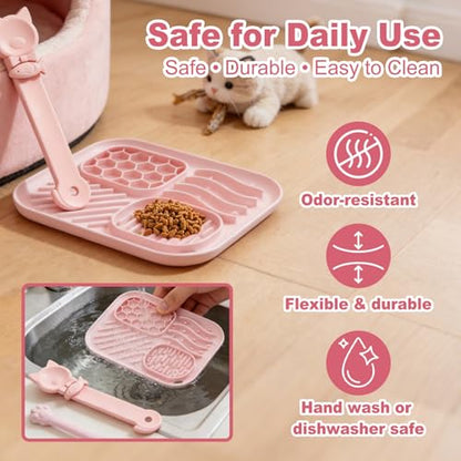 AZY 3-Piece Slow Feeder Cat Bowl and Lick Mat Set – Silicone Cat Treat Spoon & Feeding Mat for Wet Food, Enrichment and Slow Eating (Pink) - color: pink