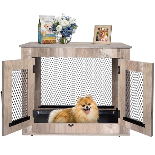 Agitree Wooden Dog Crate Furniture - Wire Mesh Door Decorative Dog Kennel End Table for Puppies, Cats, Rabbits - Indoor Use for Living Room, Bedroom(Gray) 25.59×18.58×21.61 inches