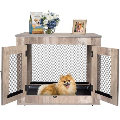 Agitree Wooden Dog Crate Furniture - Wire Mesh Door Decorative Dog Kennel End Table for Puppies, Cats, Rabbits - Indoor Use for Living Room, Bedroom(Gray) 25.59×18.58×21.61 inches