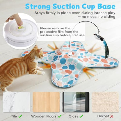 Interactive Cat Toys with Bird, Hide and Seek Cat Toy, 2 in 1 Automatic Moving Concealed Feathers for Indoor Cats, Non-Slip Suction, Touch Activated, USB Rechargeable, Blue - color: Blue-with Bird