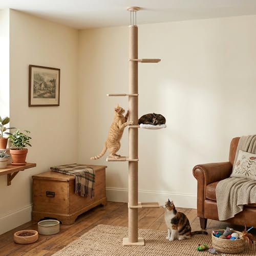 Floor to Ceiling Cat Tree, 5 Tier Adjustable Height (6-10.1 ft) Climbing Tower with Sisal Scratching Posts, Cats Activity with Cozy Hammock for Indoor Cats (Floor to Ceiling) - size: Floor to Ceiling