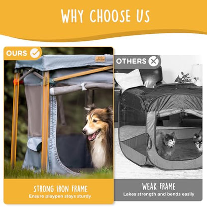 CANINE CANYON Zora Portable Pet Playpen, Foldable Dog Playpens for Indoor and Outdoor Exercise, Pop Up Pet Fence with Carrying Case for Dogs/Puppies, Dove Gray, 49" x 49" x 28"