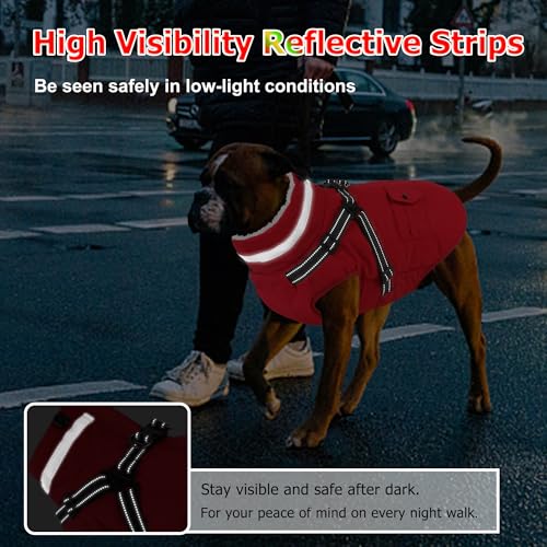 Dog Coat with Harness, Waterproof Warm Dog Winter Jacket with Pockets, Reflective Pet Fleece Jacket Turtleneck Snowsuit for Small Medium Large Dogs - Red, 3XL - color: Red, size: XXX-Large(Chest:42.9" Back:26.8" Neck:26.8")