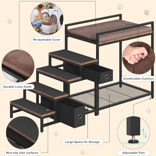 Saudism Pet Bunk Bed with Removable Stairs and 2 Drawers, Dogs/Cats Window Perch, Dog Window Seat with Soft Cushion, Ultra-Shallow Steps, Sturdy Metal Frame, Non-Slip, Load Capacity 60 LBS, Brown - color: Brown+Black