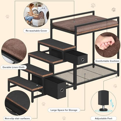 Saudism Pet Bunk Bed with Removable Stairs and 2 Drawers, Dogs/Cats Window Perch, Dog Window Seat with Soft Cushion, Ultra-Shallow Steps, Sturdy Metal Frame, Non-Slip, Load Capacity 60 LBS, Brown - color: Brown+Black