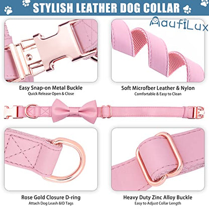 Soft Leather Bowtie Dog Collar - Adjustable Cute Bow Tie Collar [Easy to Clean] with Stylish Rose Gold Heavy Duty Metal Buckle for Small Medium Large Dogs Pink L - color: Pink, size: L(15.4"-24.8")