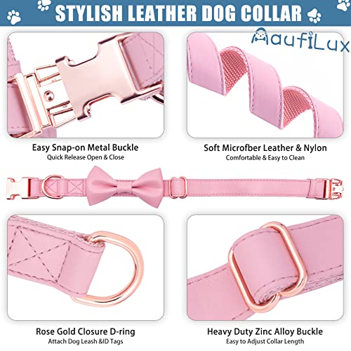 Soft Leather Bowtie Dog Collar - Adjustable Cute Bow Tie Collar [Easy to Clean] with Stylish Rose Gold Heavy Duty Metal Buckle for Small Medium Large Dogs Pink M - color: Pink, size: M(13.8"-19.7")