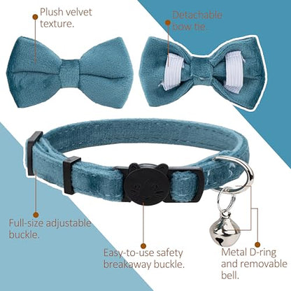Cat Collar with Bow Tie 2pcs Set Bell Boy Girl Kitten Safety Plaid Grid Checkered Solid Color Suede Velvet Cute Soft Fluffy Gift B-[2pcs] Blue - color: Style B-[2pcs] Blue
