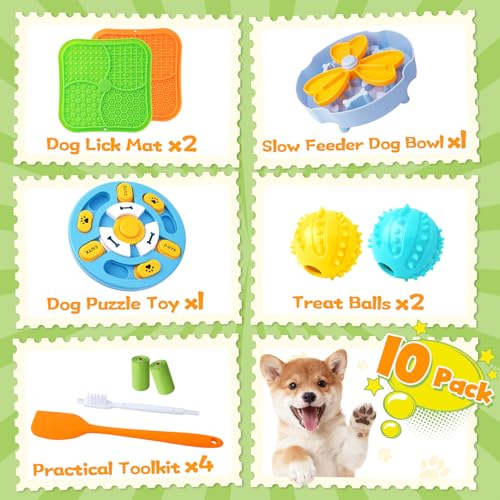 Forfon Curated Dog Puzzle Toys for Boredom and Mental Stimulation, 10-Pack Enrichment Toy Set with Slow Feeder Bowl, Lick Mat & Treat Ball to Keep Dogs Busy and Engaged - color: Curated Dog Puzzle Toys