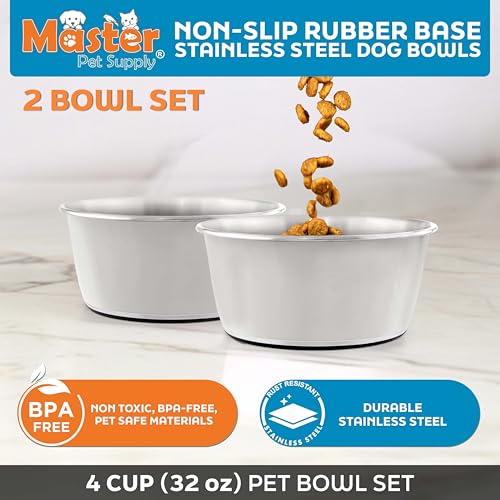 Master Pet Supply Stainless Steel Dog Bowls Set of 2 (32 Oz Each) with Non-Slip Rubber Base - Bone White - Basic Dog Food Bowl Water & Food Bowls for Small Medium Large Dogs & Cats, Metal Dish - color: Bone White, size: 4 Cups (32 oz) 2 Pack