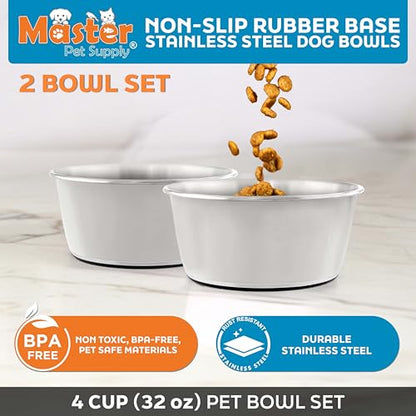 Master Pet Supply Stainless Steel Dog Bowls Set of 2 (32 Oz Each) with Non-Slip Rubber Base - Bone White - Basic Dog Food Bowl Water & Food Bowls for Small Medium Large Dogs & Cats, Metal Dish - color: Bone White, size: 4 Cups (32 oz) 2 Pack