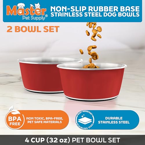 Master Pet Supply Stainless Steel Dog Bowls Set of 2 (32 Oz Each) with Non-Slip Rubber Base - Crimson Flame - Basic Dog Food Bowl Water & Food Bowls for Small Medium Large Dogs & Cats, Metal Dish - color: Crimson Flame, size: 4 Cups (32 Oz) 2 Pack
